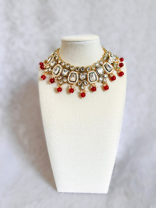 Kundan Polki Necklace Set- Red & Gold