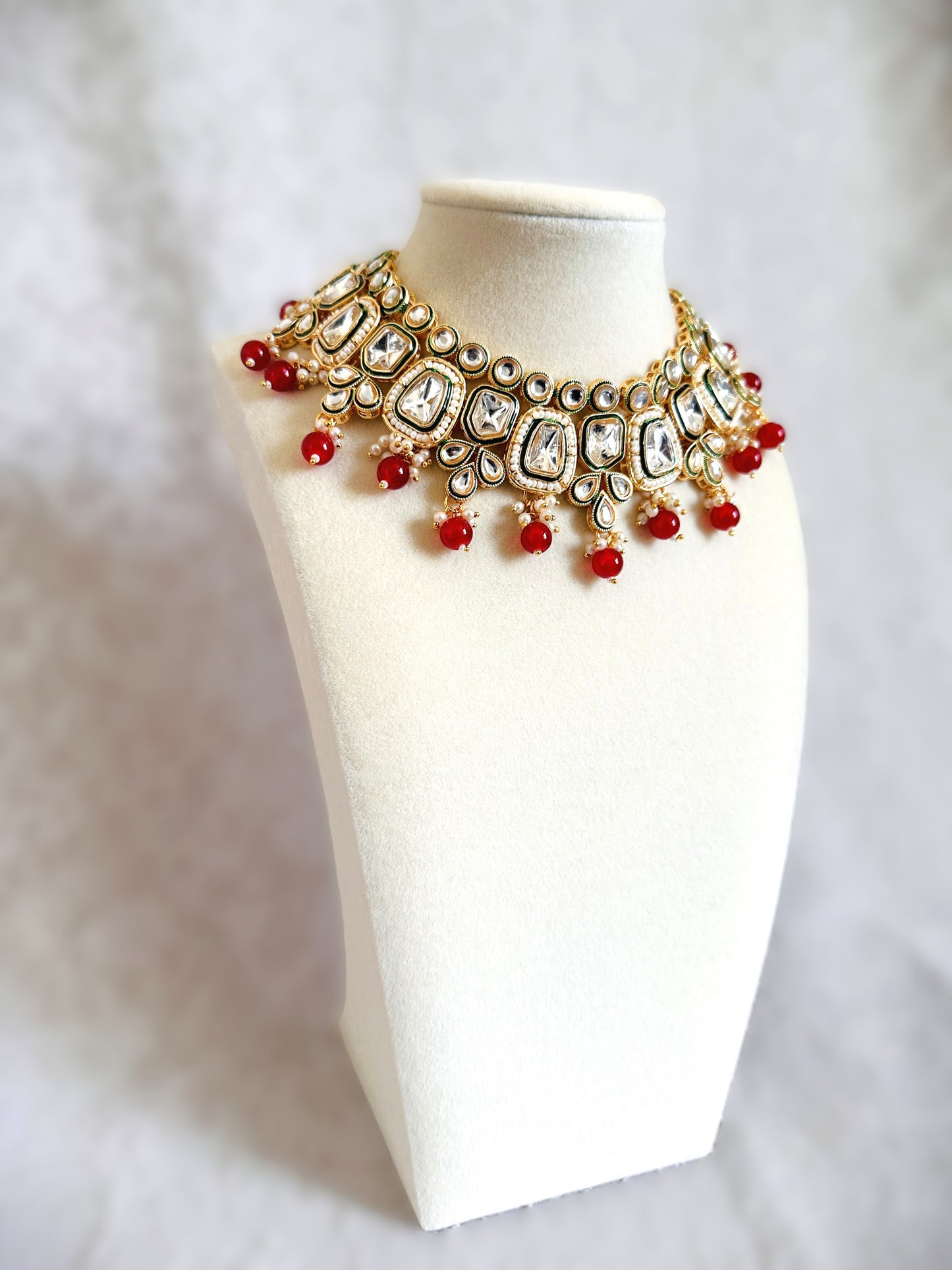 Kundan Polki Necklace Set- Red & Gold