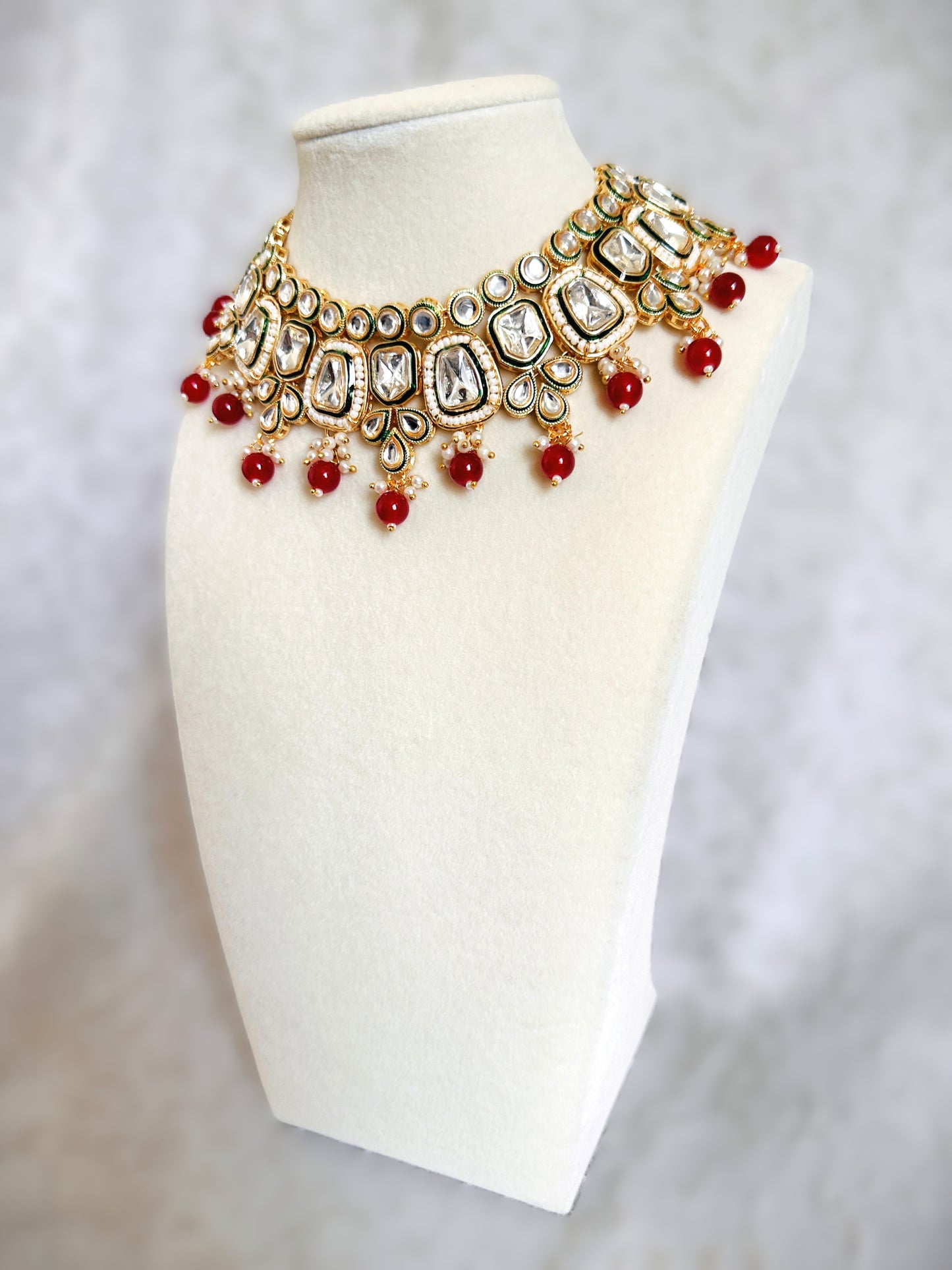 Kundan Polki Necklace Set- Red & Gold