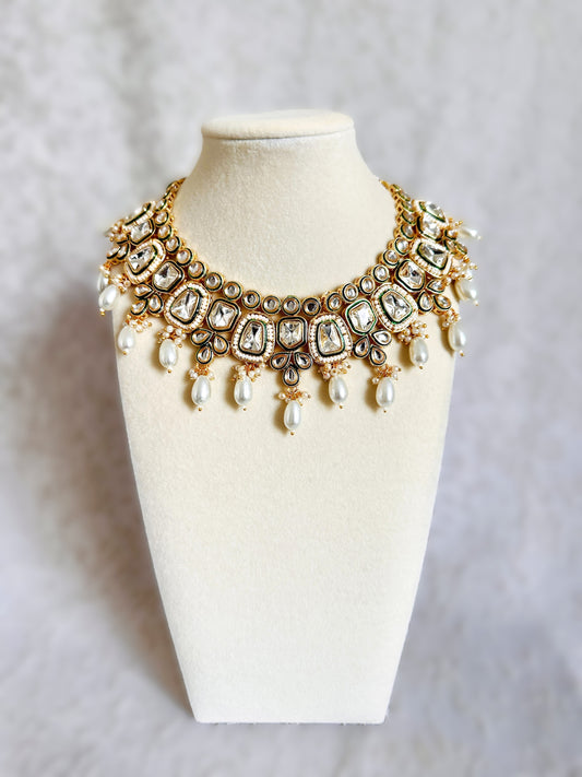 Kundan Polki Necklace Set- Golden White