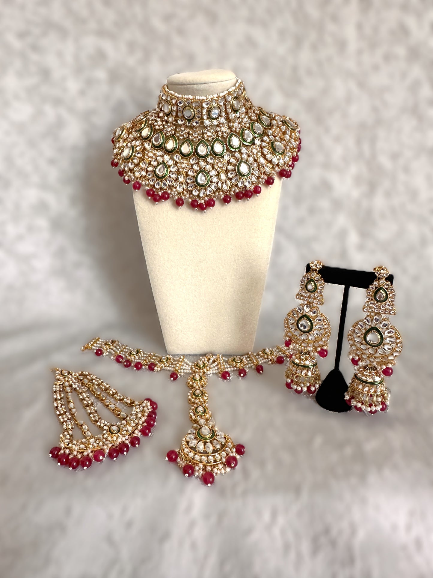 Kundan Bridal Complete Set - Red & Green