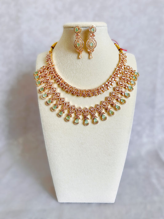 American Diamond Double Necklace Set- Mint