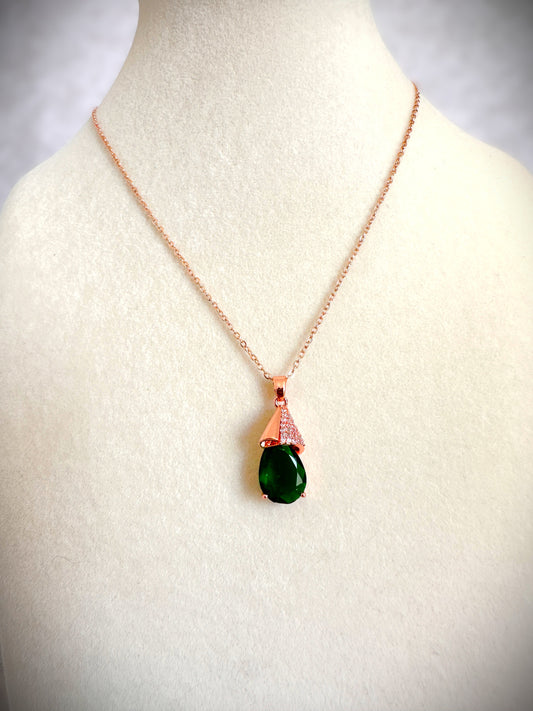 Rosegold Stainless Emerald Stone Pendant Necklace