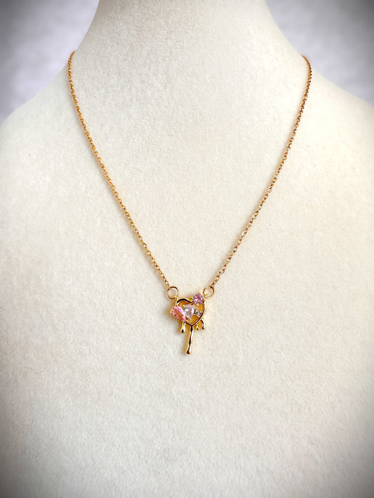Gold Stainless Steel Pink Heart Stone Necklace