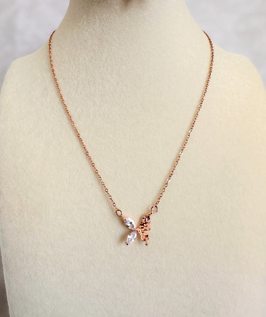Rose Gold Stainlees Steel Butterfly Stone Necklace Set