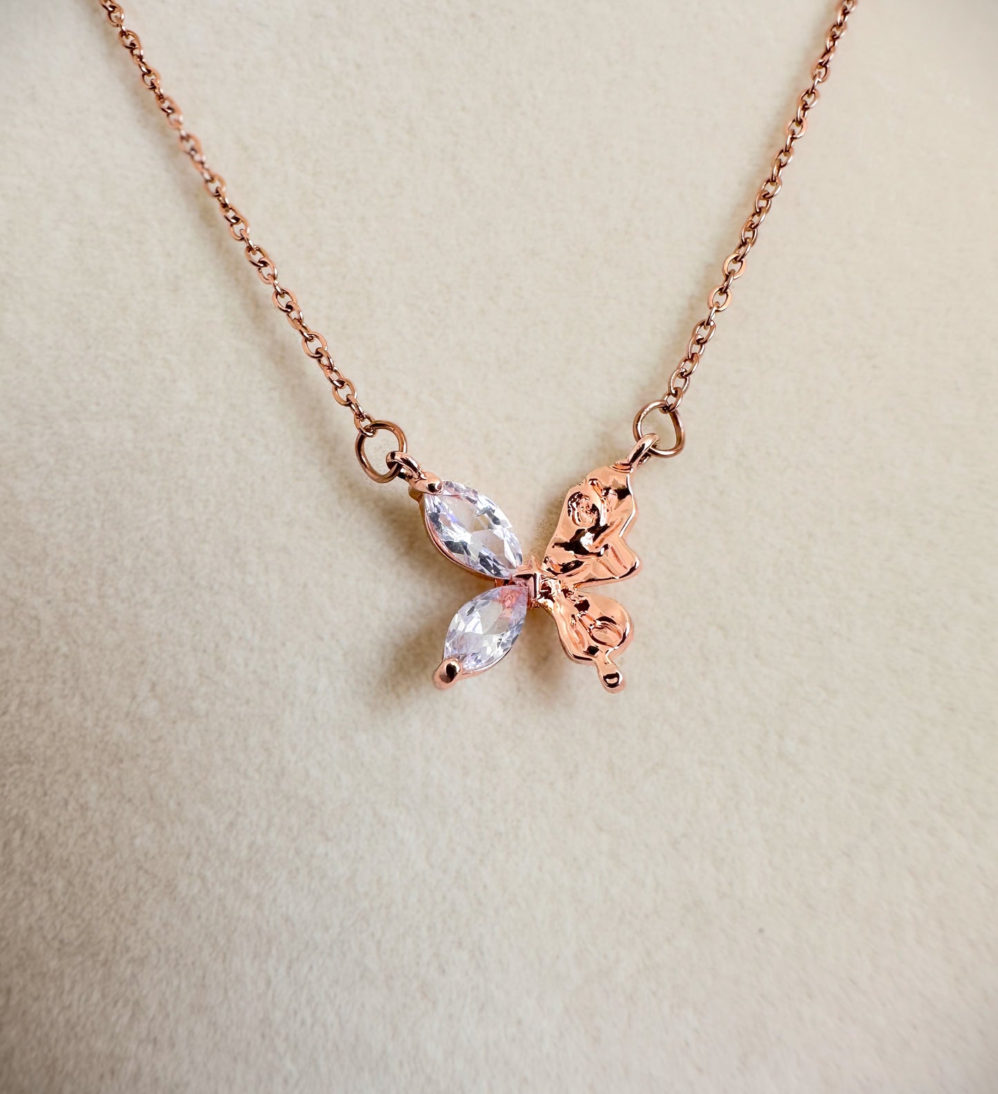 Rose Gold Stainlees Steel Butterfly Stone Necklace Set