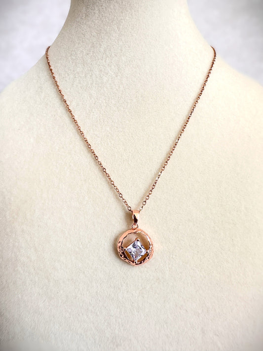 Rose Gold Stainless Steel Square Stone Pendant Set