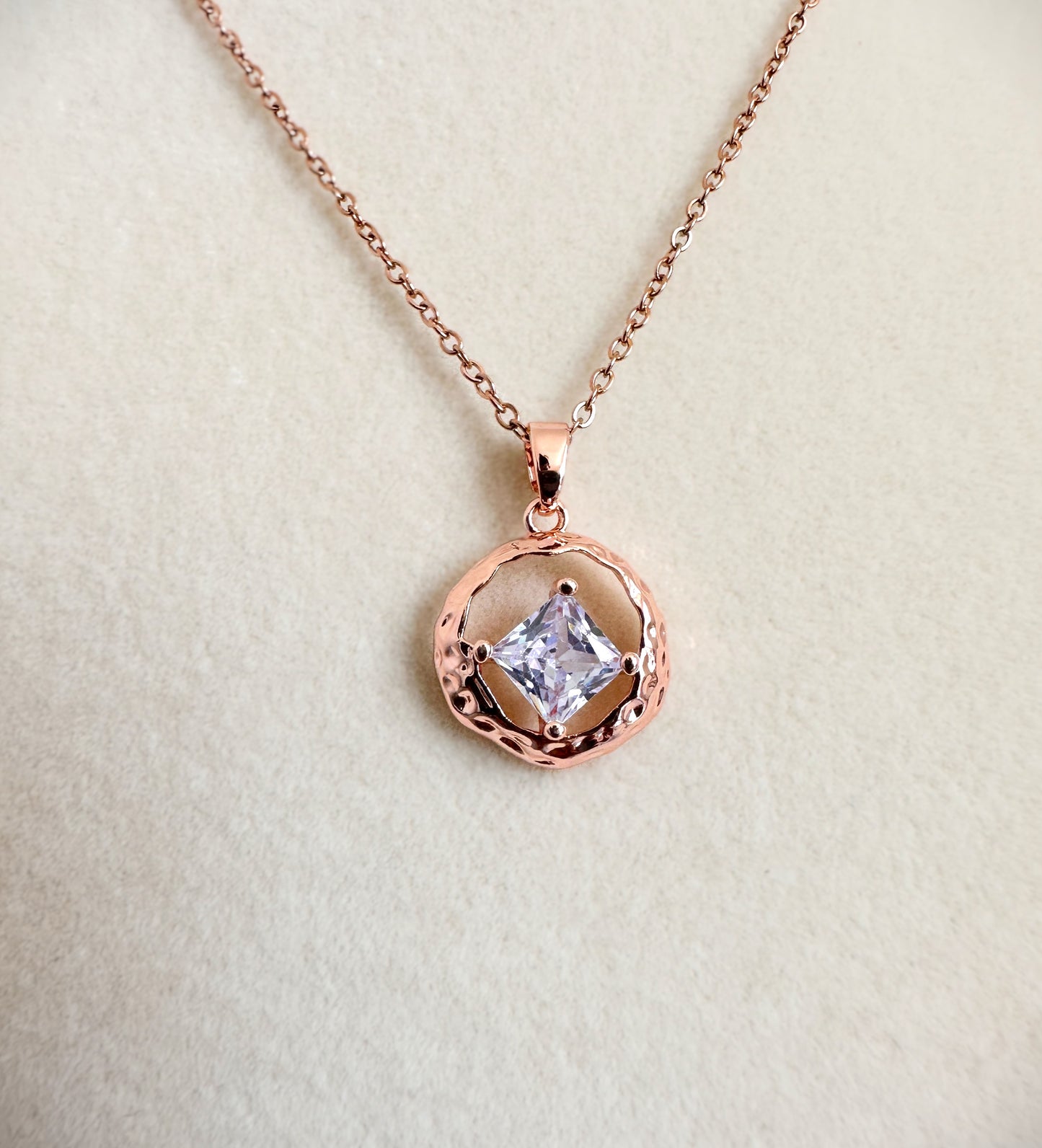 Rose Gold Stainless Steel Square Stone Pendant Set