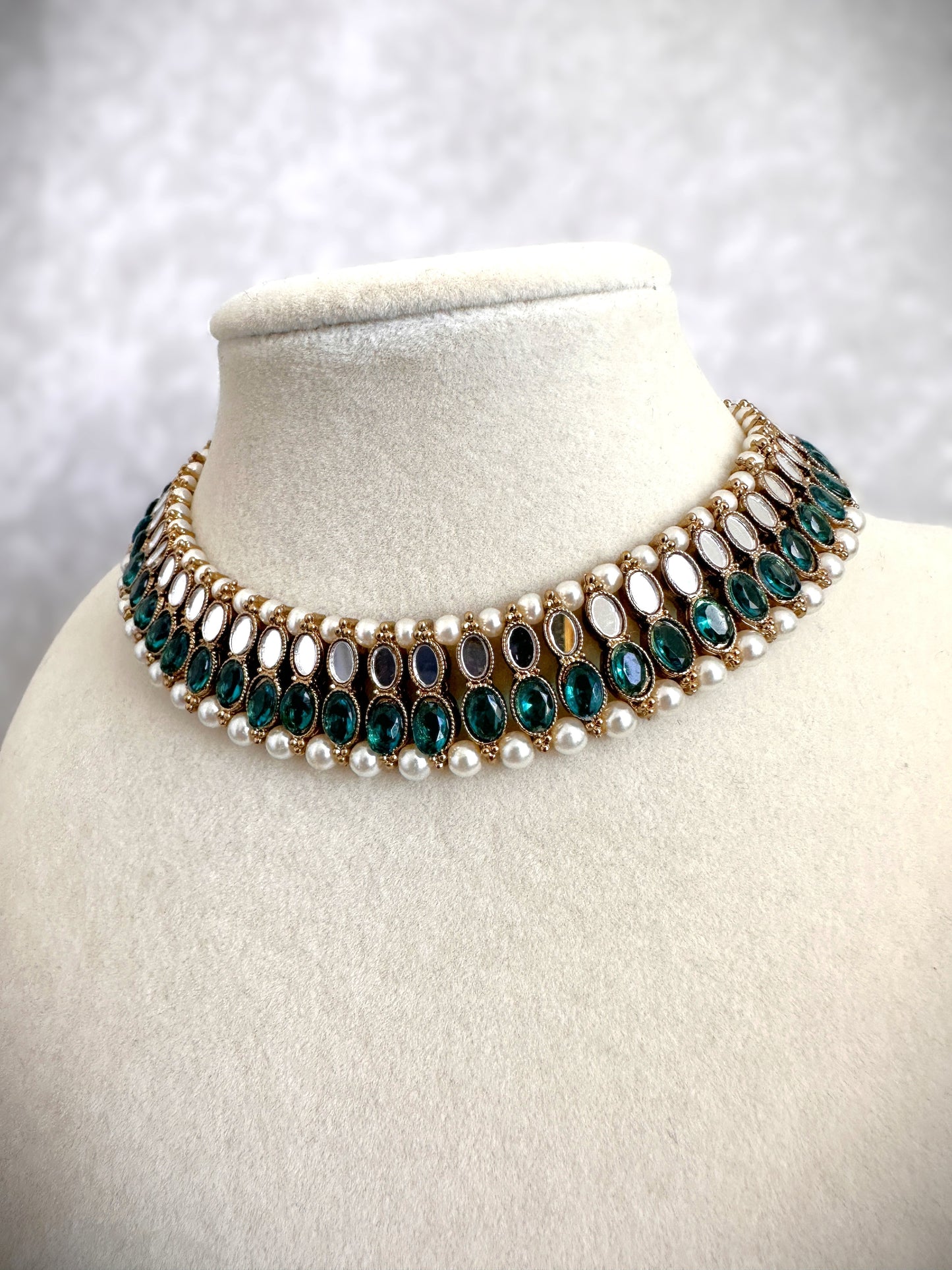 Polki Choker Necklace Set - Teal