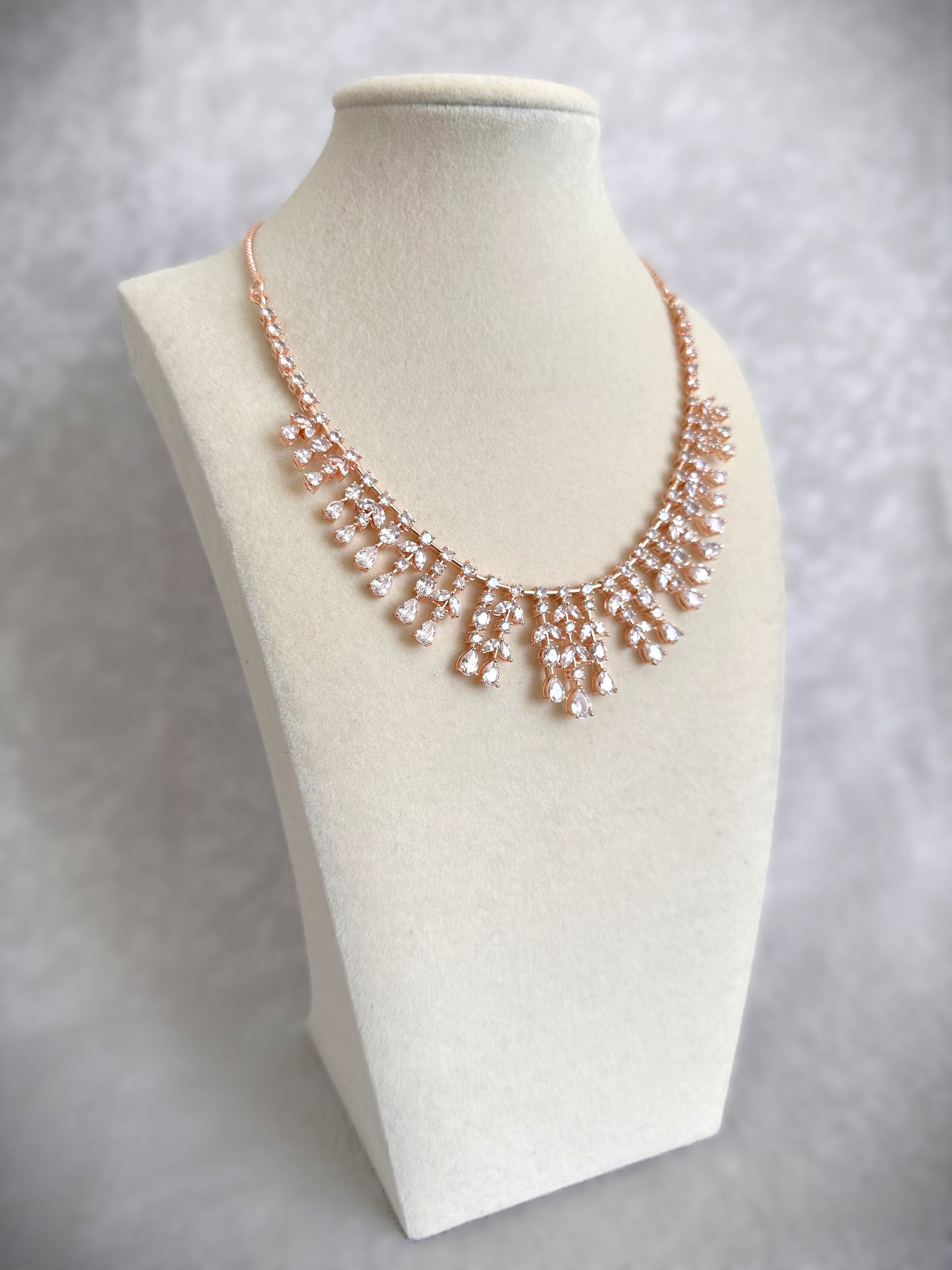 American Diamond Waterdrop Necklace Set- Rose Gold