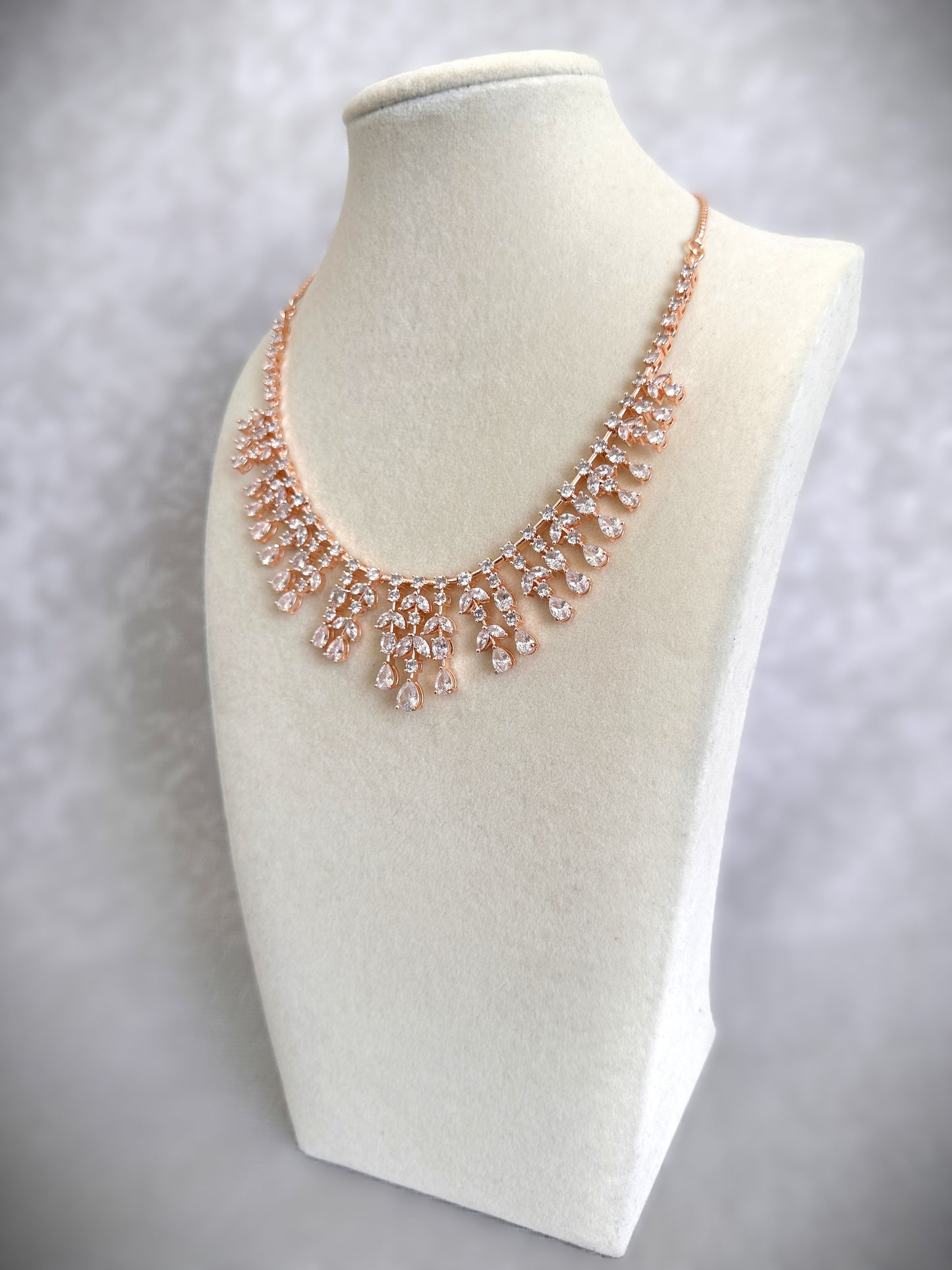 American Diamond Waterdrop Necklace Set- Rose Gold