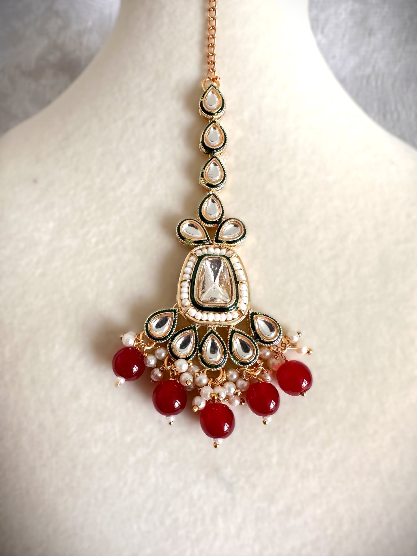 Kundan Polki Necklace Set- Red & Gold