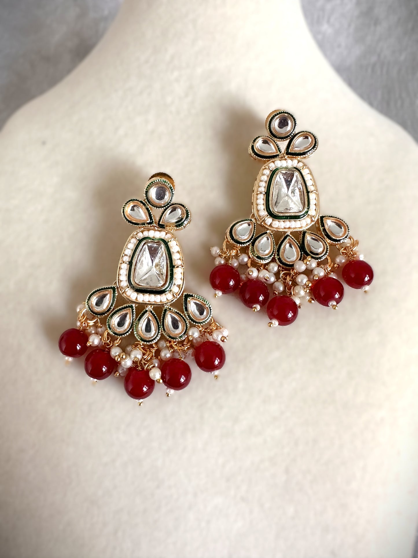 Kundan Polki Necklace Set- Red & Gold