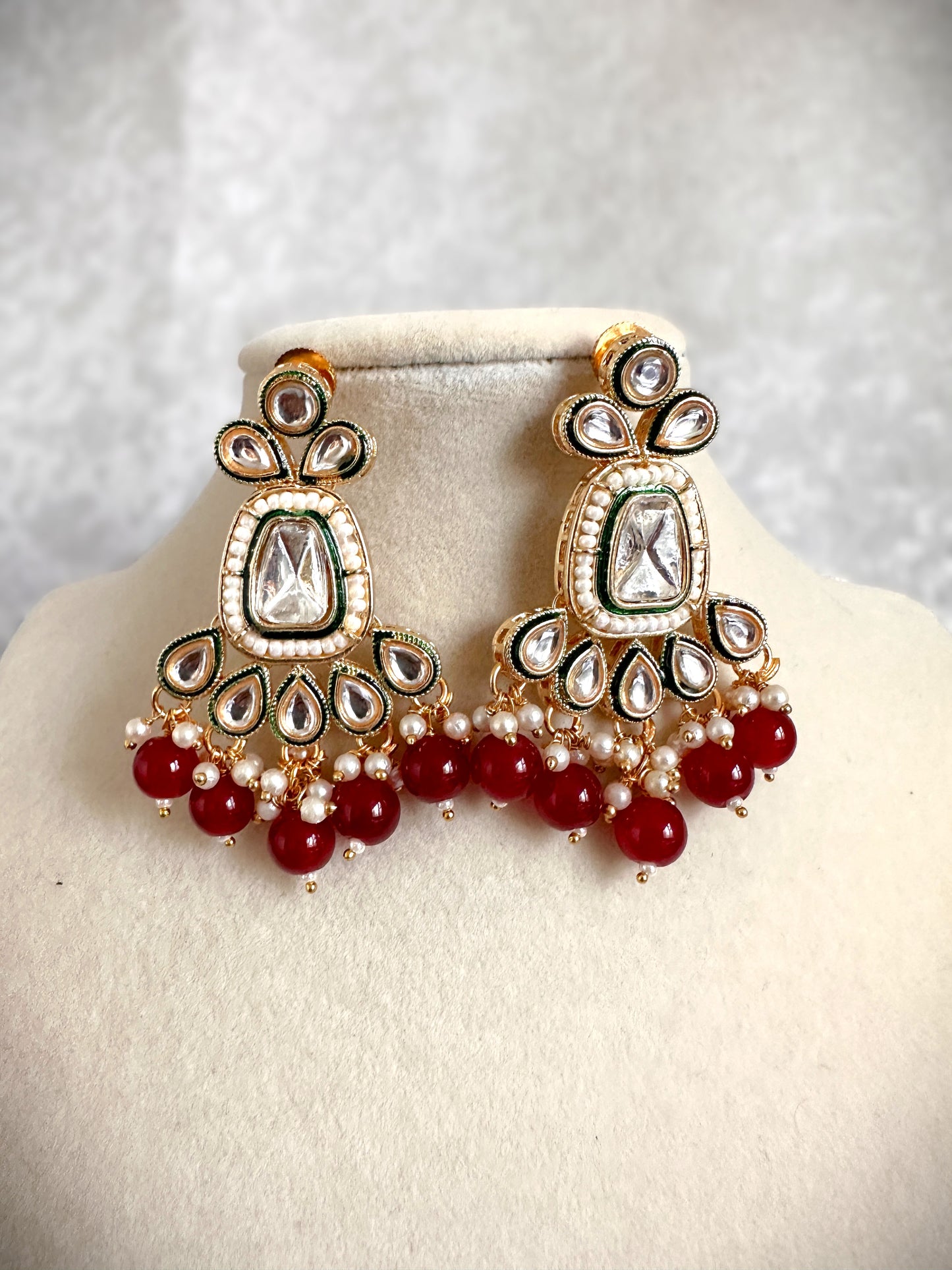 Kundan Polki Necklace Set- Red & Gold