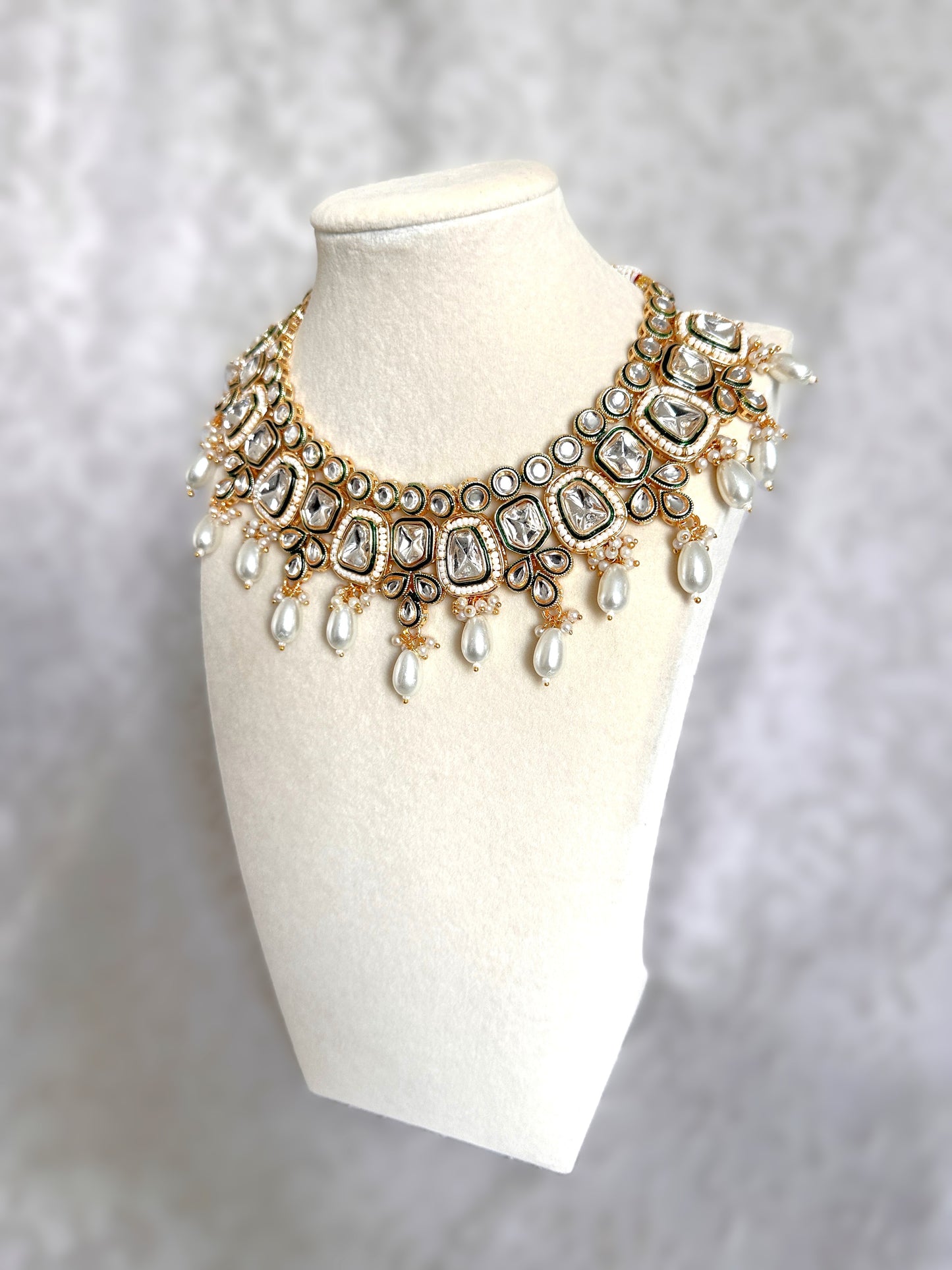 Kundan Polki Necklace Set- Golden White