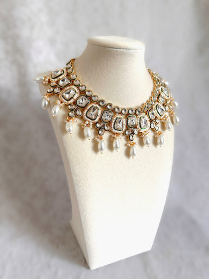 Kundan Polki Necklace Set- Golden White