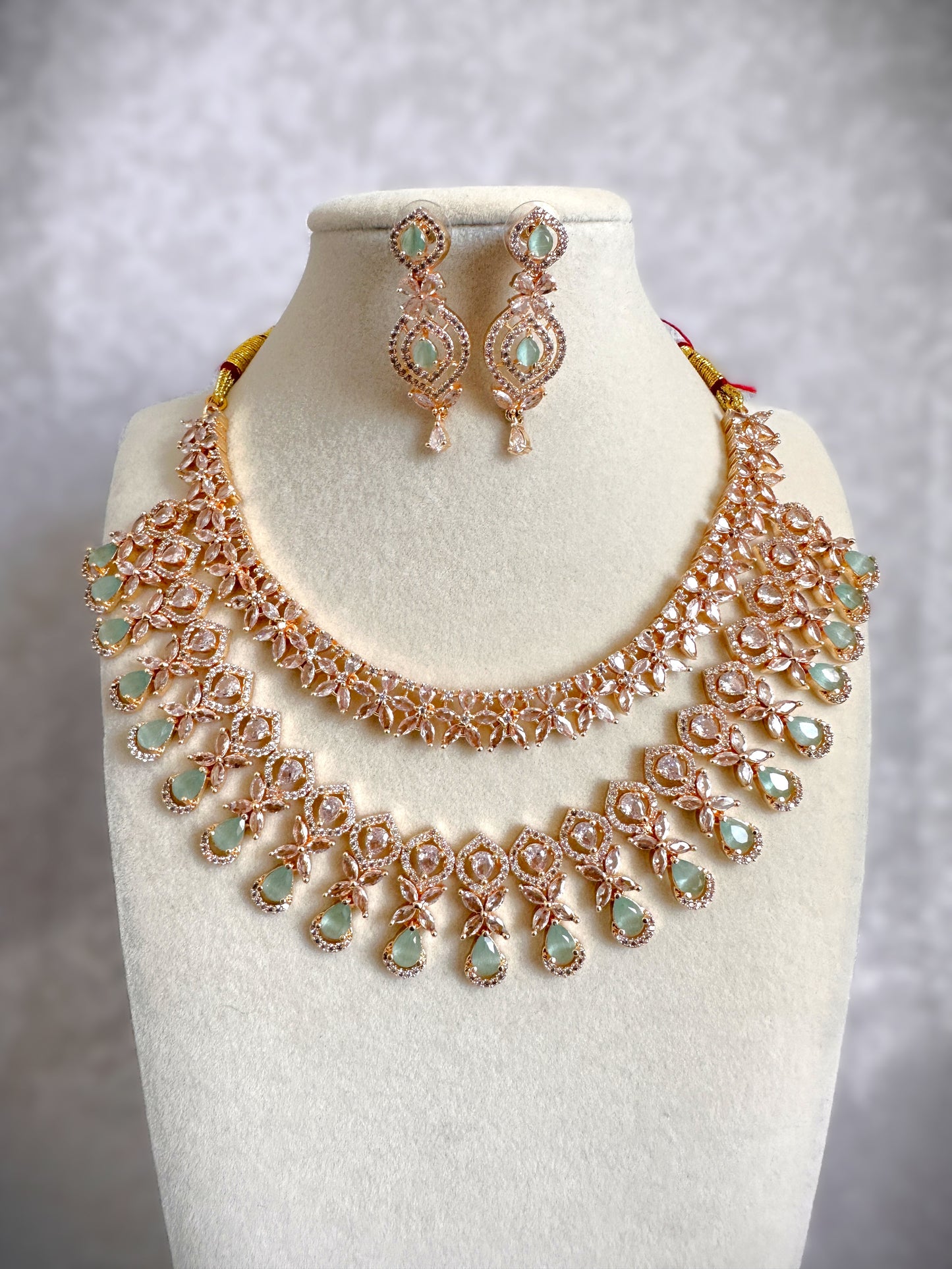 American Diamond Double Necklace Set- Mint