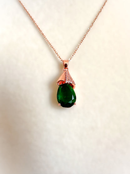 Rosegold Stainless Emerald Stone Pendant Necklace