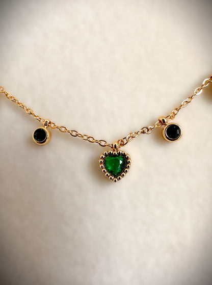 Gold Stainless Steel Green Heart Necklace