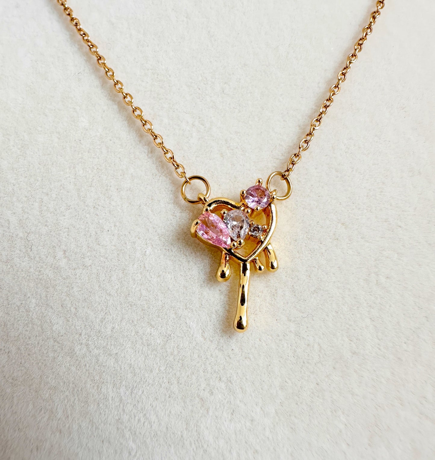 Gold Stainless Steel Pink Heart Stone Necklace
