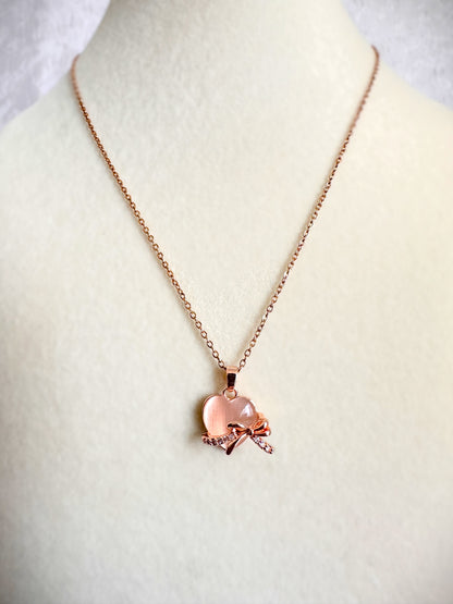 Rose Gold Stainless Steel PinkHeart Necklace Set