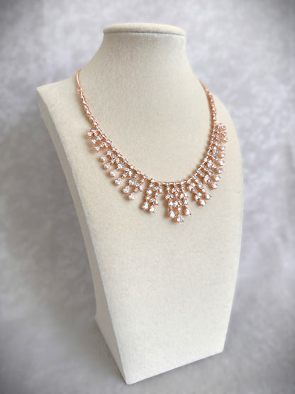American Diamond Waterdrop Necklace Set- Rose Gold