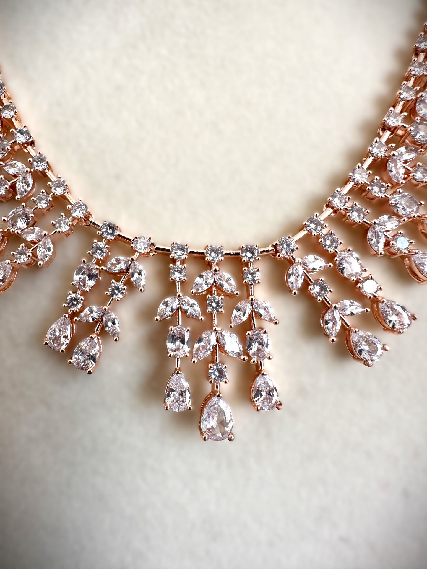 American Diamond Waterdrop Necklace Set- Rose Gold