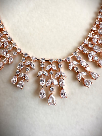 American Diamond Waterdrop Necklace Set- Rose Gold